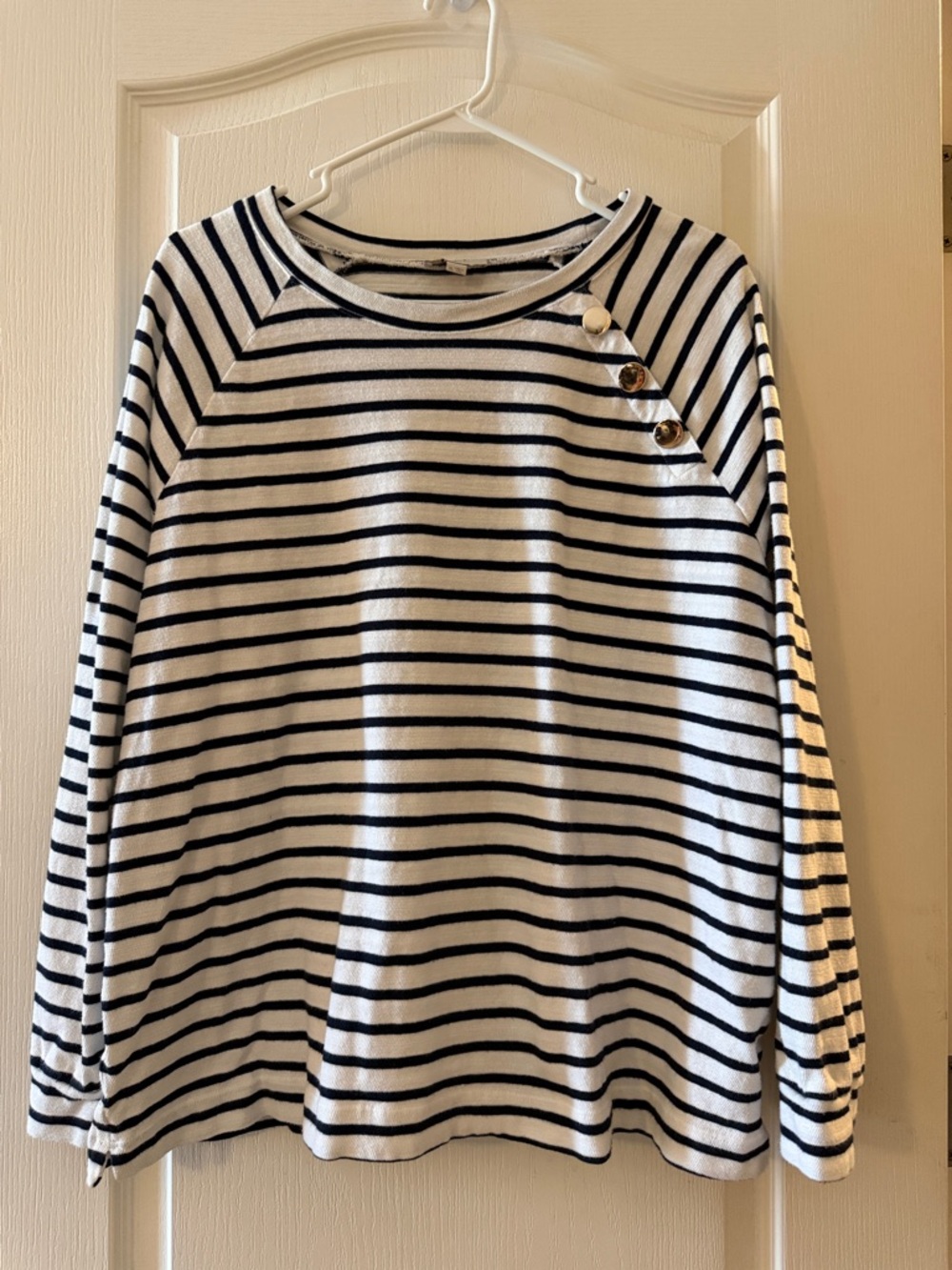 LOFT Black & White Striped Button-Shoulder Sweatshirt